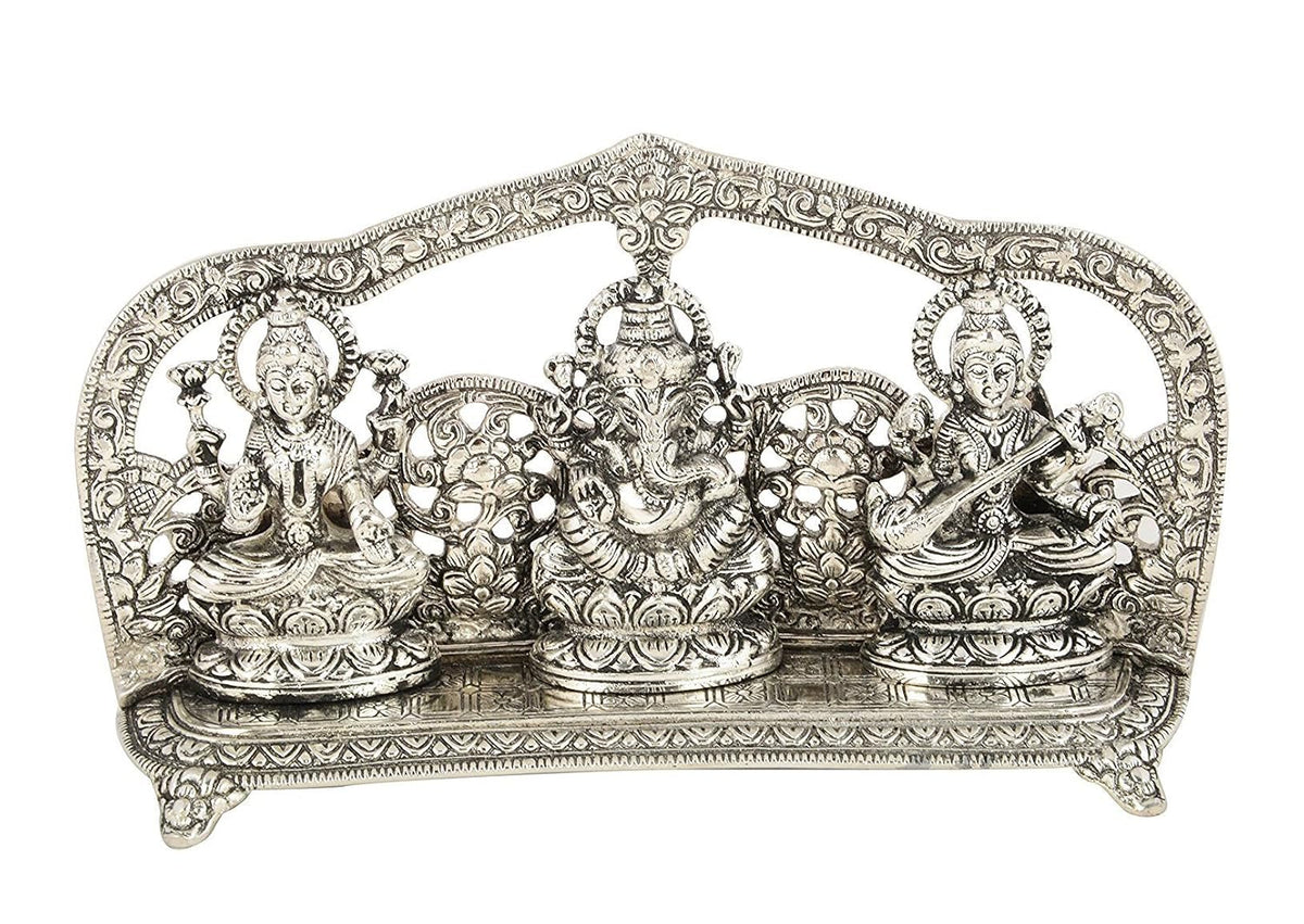 Silver Plated Laxmi Ganesh Saraswati God Idol Statue Oxidized Finish with Beautiful Velvet Box Packing and with Carry Bag (29cm x 18cm x 7cm), Religious