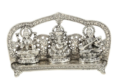 Silver Plated Laxmi Ganesh Saraswati God Idol Statue Oxidized Finish with Beautiful Velvet Box Packing and with Carry Bag (29cm x 18cm x 7cm), Religious