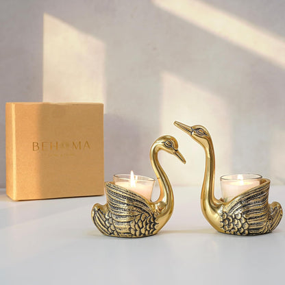 BEHOMA Pair of Swan Candle Holder with Giftbox for Home Decor, Gold