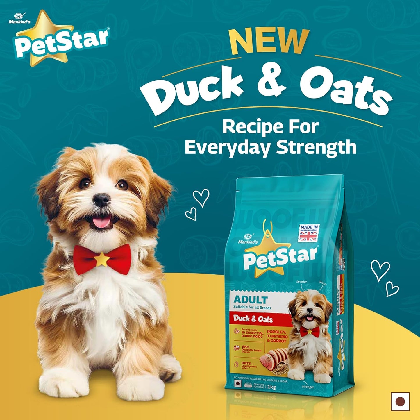 Petstar Adult Dry Dog Food 1 kg, Duck & Oats, High Protein, Easy Digestion, Immunity Support, No Artificial Flavours or Added Sugar