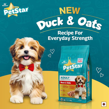 Petstar Adult Dry Dog Food 1 kg, Duck & Oats, High Protein, Easy Digestion, Immunity Support, No Artificial Flavours or Added Sugar