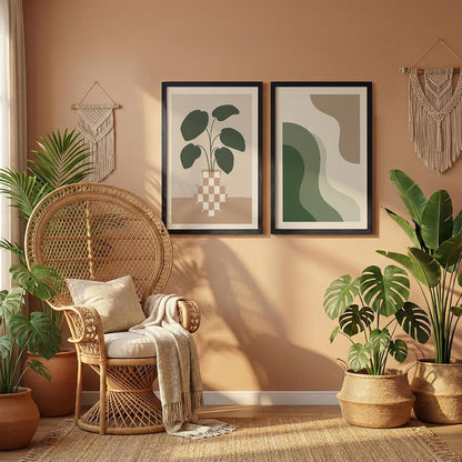 Modern Abstract Botanical Wall Art Set of 2, Minimalist Green Plant Prints, Neutral Beige Framed Wall Decor with Wooden Frames for Living Room, Bedroom & Office