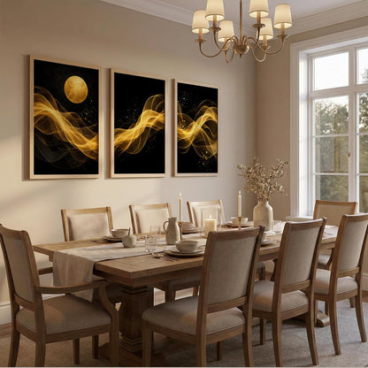Set of 3 Black Gold Abstract Moon Wall Art Paintings for Living Room | Luxury Modern Wall Decor | Golden Wave Wall Paintings for Bedroom, Hall, Office & Home Decoration (13x19 Inches)