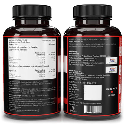 Nutrabud L-Arginine 1000 mg - 120 Tablets - Fuels Muscle Growth, Boosts Nitric Oxide Production (120 Count (Pack of 1), Unflavoured)