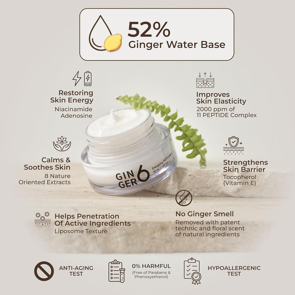 Cosmetic jar with ginger water base and skincare benefits listed on a beige background