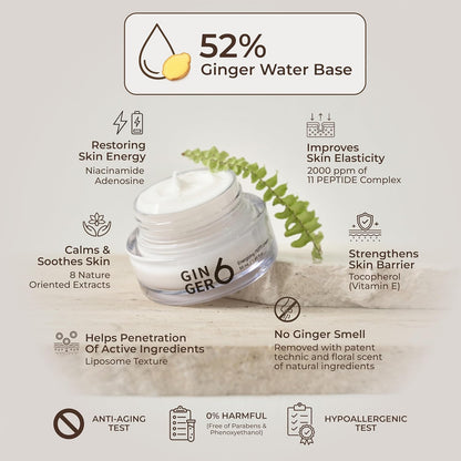 Cosmetic jar with ginger water base and skincare benefits listed on a beige background