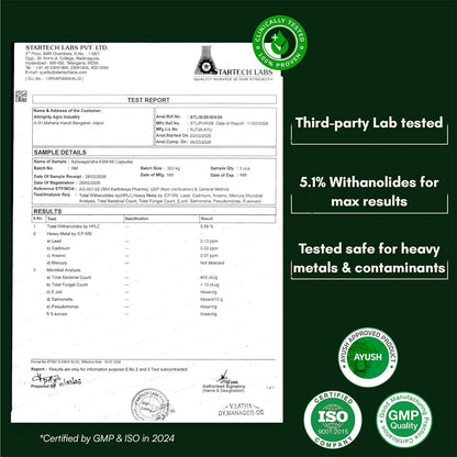 Test report with third-party lab testing details and certification logos on a green background