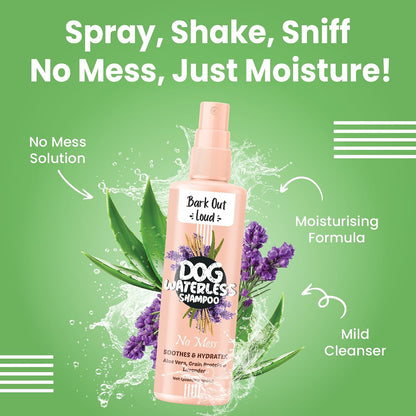 Bark Out Loud - Waterless Dry Dog Shampoo | Aloe Vera, Milk Protein, Lavender & Chamomile | Anti-Bacterial, Itch Relief, Hydrating Coat Dog Dy Bath, Shamppo for Dogs(100ml)