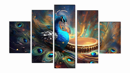 Peacock Paintings for Living Room | Painting for Wall Decoration | 3D Wall Art for Bedroom | modern art Wall Painting Set of 5 (75 x 45 cms) SANFPNLS35514