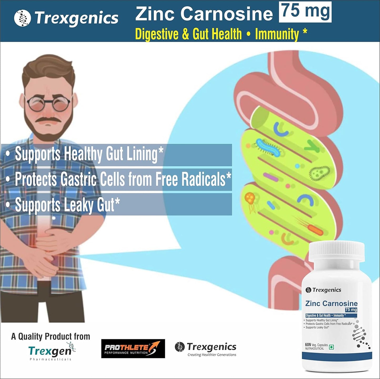 Trexgenics ZINC CARNOSINE Digestive & Gut Health, Ulcer Care, Immunity, Leaky Gut Support (60 Veg Capsules)