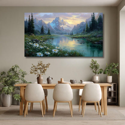 Mountain Landscape Canvas Wall Art Big Size | Nature Painting for Living Room Bedroom | Scenic Lake Premium Home Decor Wall Decoration (40 X 24 INCH, Unframed - LARGE)