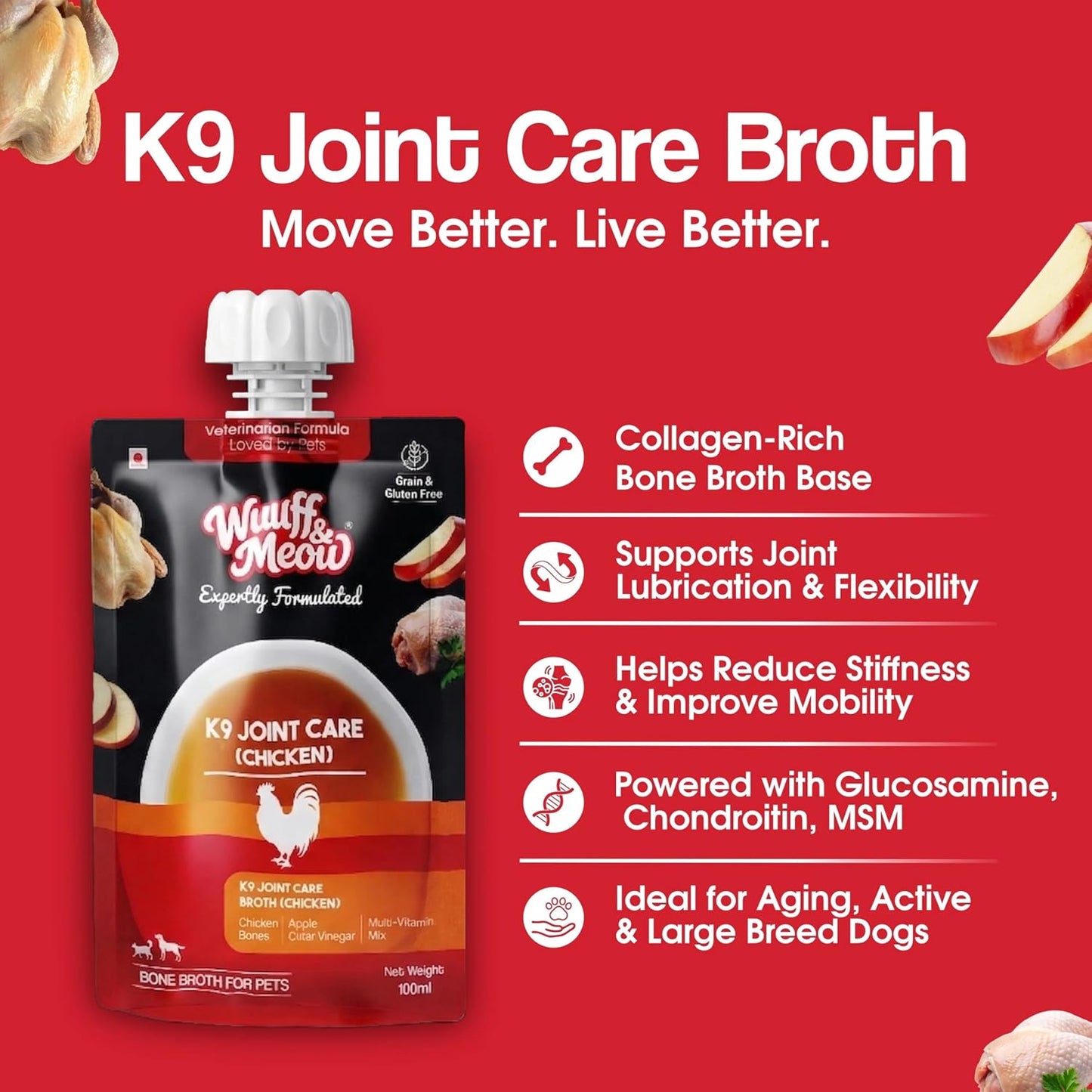 Wuuff & Meow K9 Joint Care Chicken Bone Broth for Dogs | Human Grade & Multi-Vitamin Mix | Dog Supplement | Vet-Formulated Joint Support (100g (Pack of 1))
