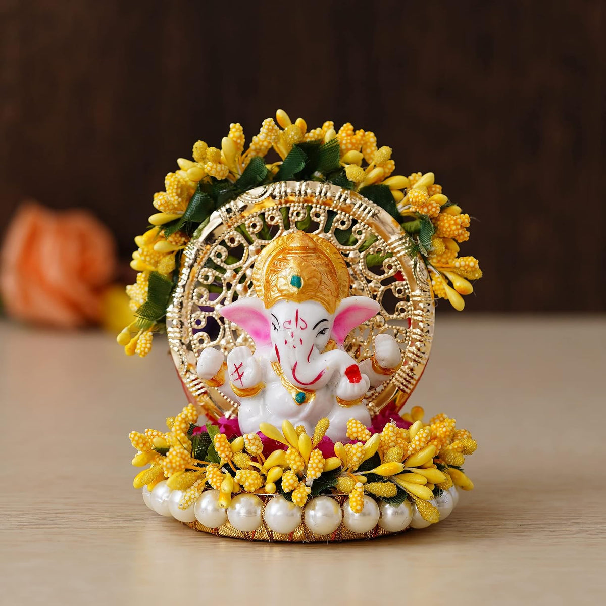 Resin Handcrafted Lord Ganesha Idol on Yellow Floral Decorative Plate| Ganesha Idol for Home Decor Car Dashboard| Ganesha Statue|Ganpati Murti Gift for Diwali Ganesh Chaturthi Housewarming