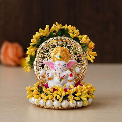 Resin Handcrafted Lord Ganesha Idol on Yellow Floral Decorative Plate| Ganesha Idol for Home Decor Car Dashboard| Ganesha Statue|Ganpati Murti Gift for Diwali Ganesh Chaturthi Housewarming