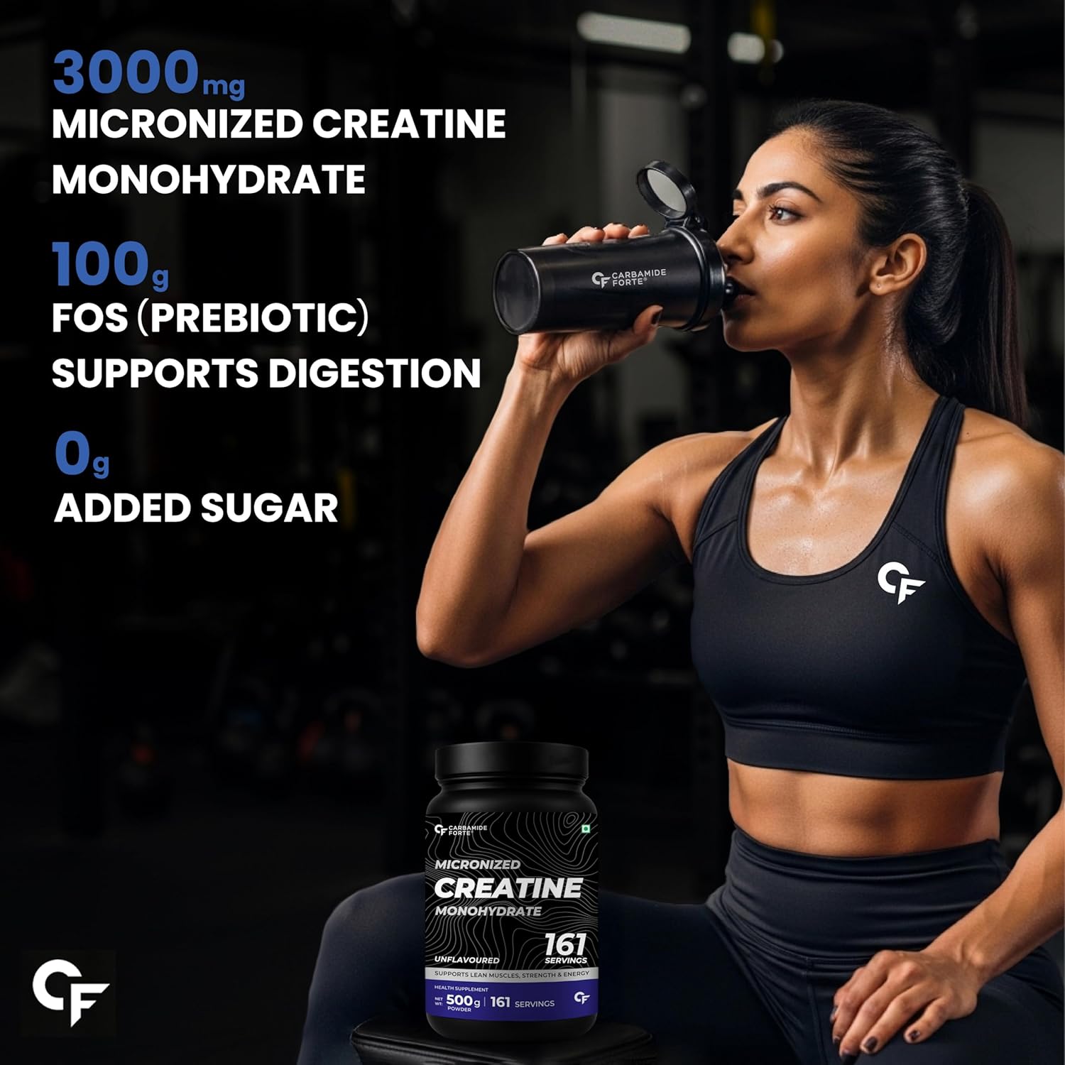 Woman drinking from a supplement bottle with product details on a dark background