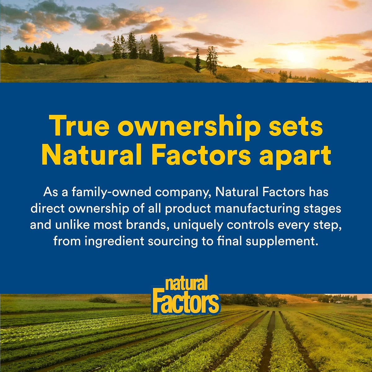 Advertisement for Natural Factors with a scenic background of fields and trees.