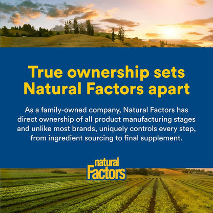 Advertisement for Natural Factors with a scenic background of fields and trees.