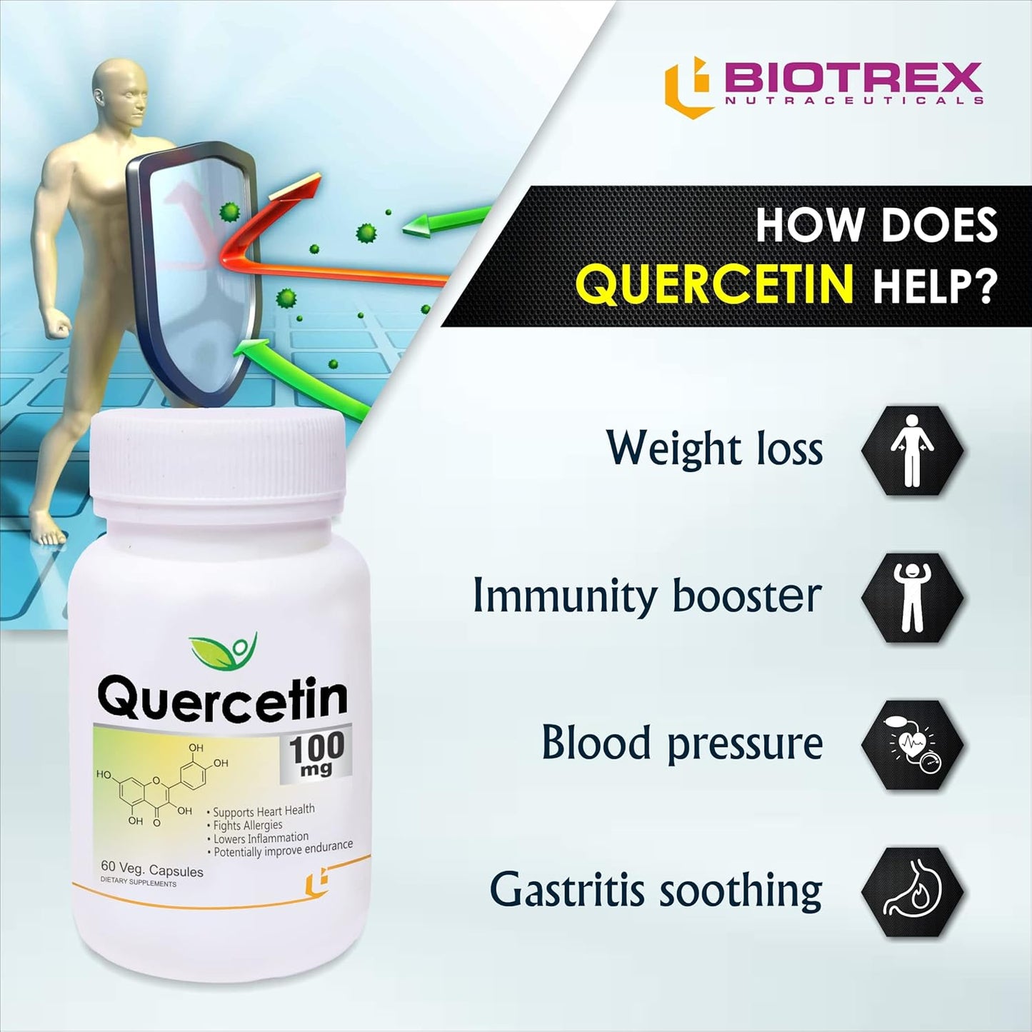 Biotrex Nutraceuticals Quercetin 100mg | Supports Energy, Brain & Heart Health | Antioxidant | Cardiovascular & Respiratory Health – 60 Veg Capsules