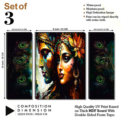 Radha Krishna Abstract Portrait & Peacock Feather Wall Art – Vibrant 3-Panel UV-Printed Triptych | Ready-to-Hang Spiritual Décor for Living Room, Bedroom & Pooja Room (20 Inch x 12 Inch) JM-35287