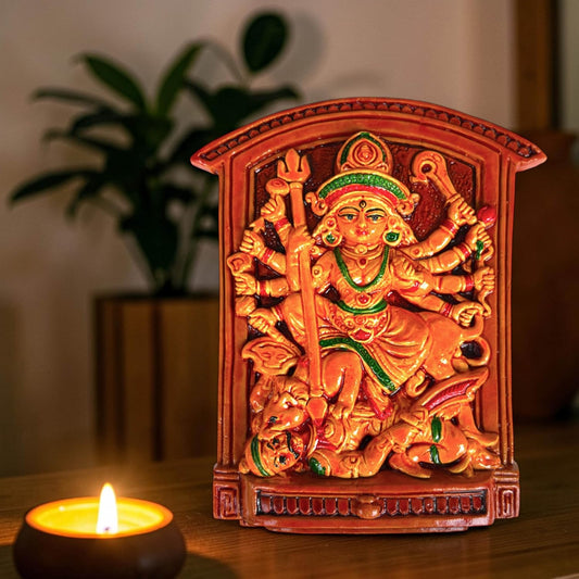 Maa Durga Murti Mahisasur Mardini Terracotta Idol | Sherawali Devi MATA Hand-Painted Table Top Decor for Temple, Mandir, Home, Office Decoration | Spiritual Gift Showpiece (20x15 CM)