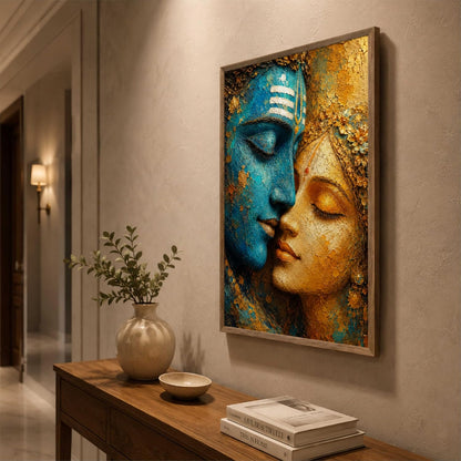 Radha Krishna Face Wall Painting for Living Room Bedroom Hall Office Decor, Divine Love Artwork with Sparkle Laminate and Premium Wooden Synthetic Frame (13.5 x 19.5 Inch) NM01-4109