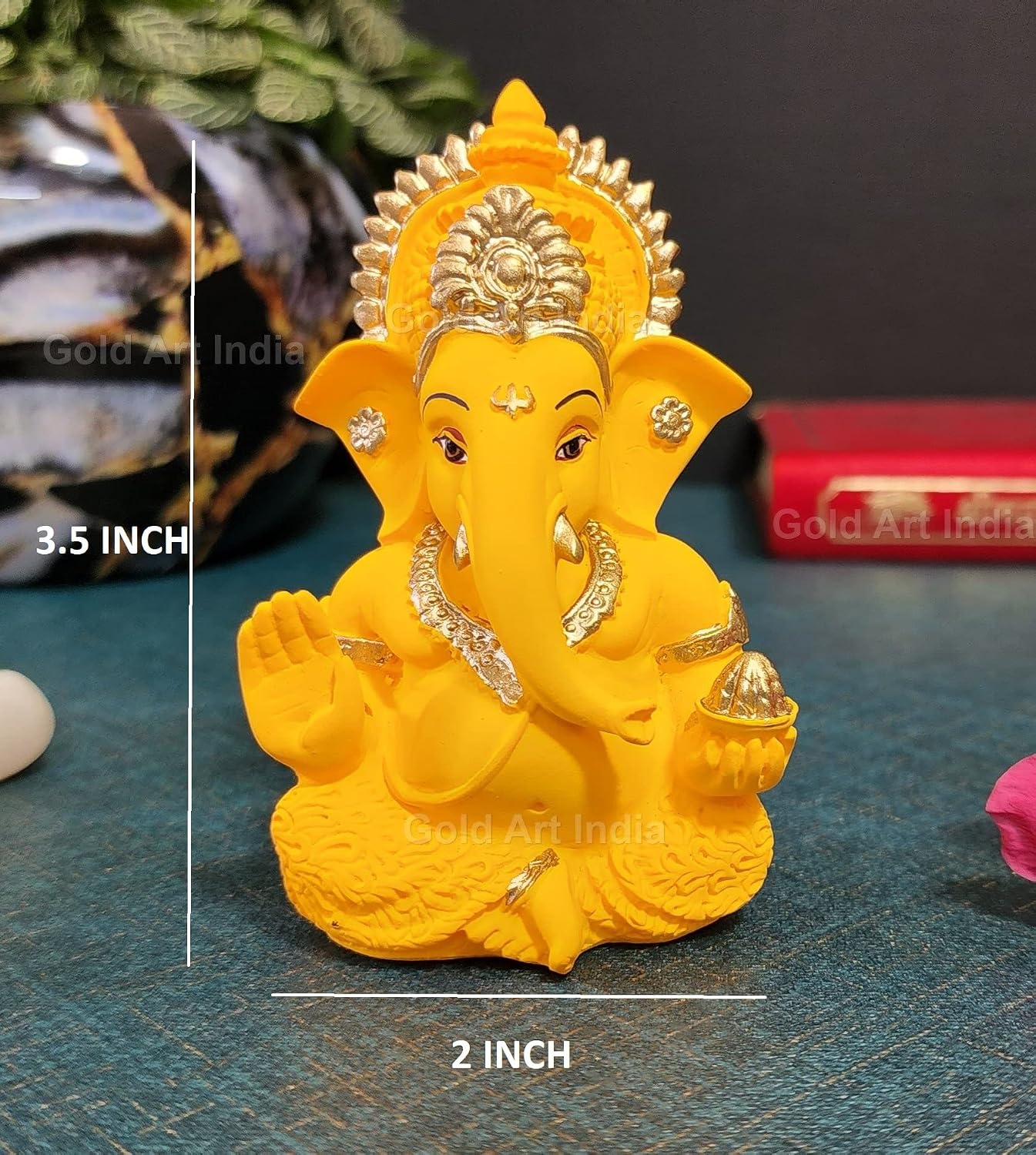 Gold Art India Yellow Mukut Ganesha - Good for Divine Home/Office Decor, Car Dashboard Idol, Housewarming Gift(Mukut Yellow Terracotta 3.5"), Idol