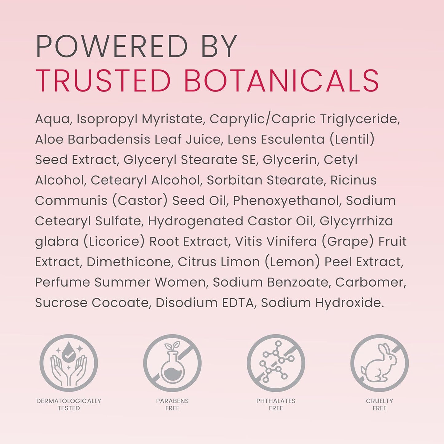 Product label with ingredients list and certification icons on a pink background