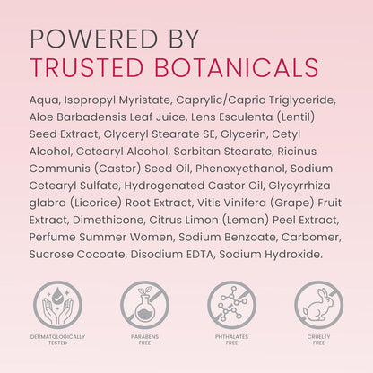 Product label with ingredients list and certification icons on a pink background