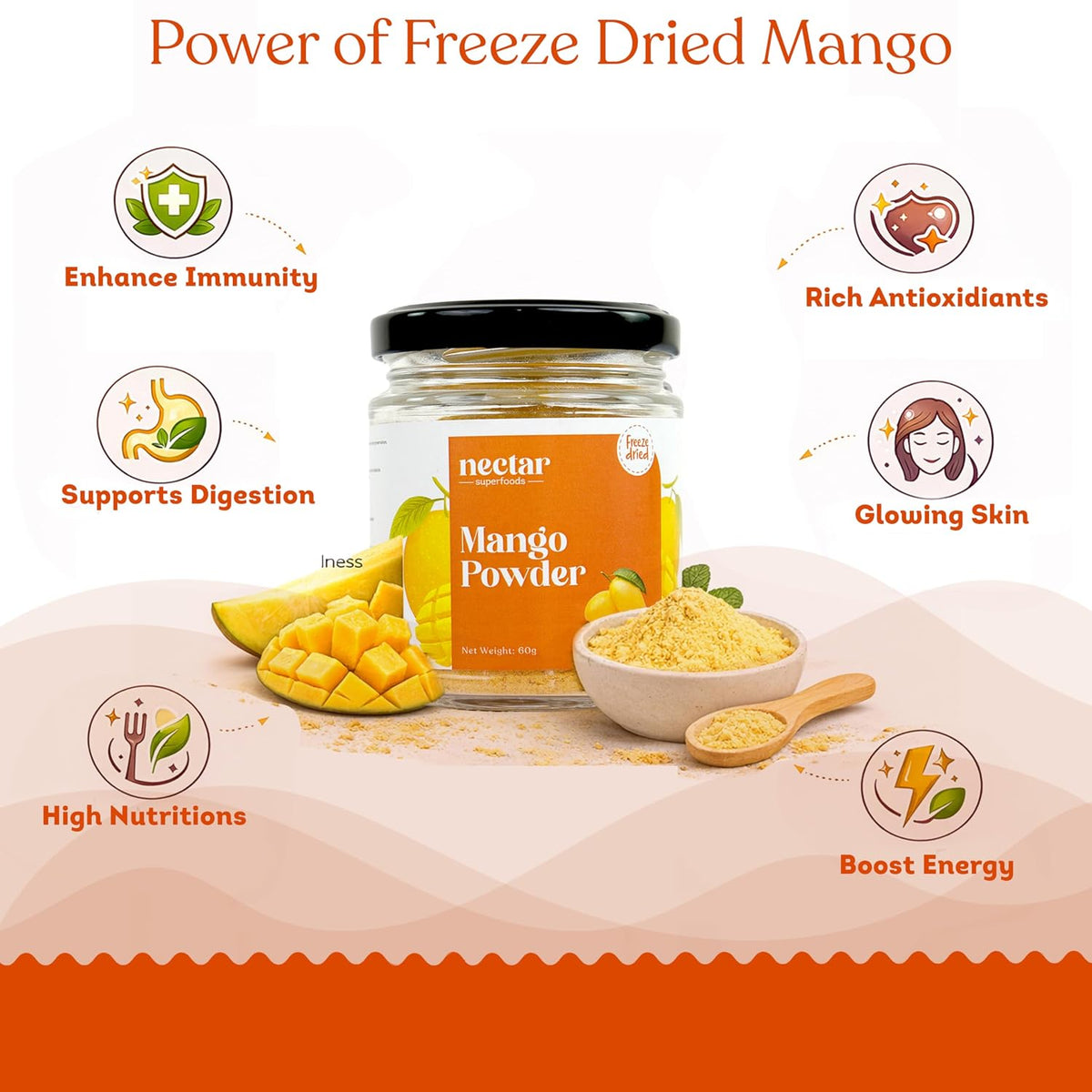 Nectar Superfoods Freeze Dried Mango Powder- 60 grams Jar-Pack of 1 Nos | 100% Natural | No Added Sugar, Preservative-Free & Vegan | Processed in India