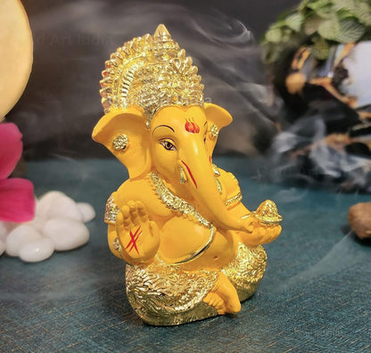 Gold Art India Gold Plated Ganesha with Mango Terracotta Work - 3.5 Inch Height for Home Decor/Office Desk/Car Dashboard (MukutMangoGold)