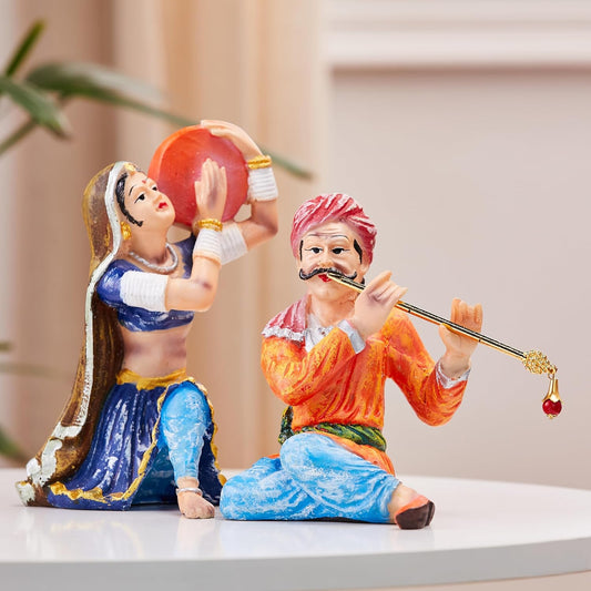 Resin Rajasthani Traditional Musical Couple Decorative Showpiece for Home Decor Handicraft Resin (Pack of 2, Multicolor)