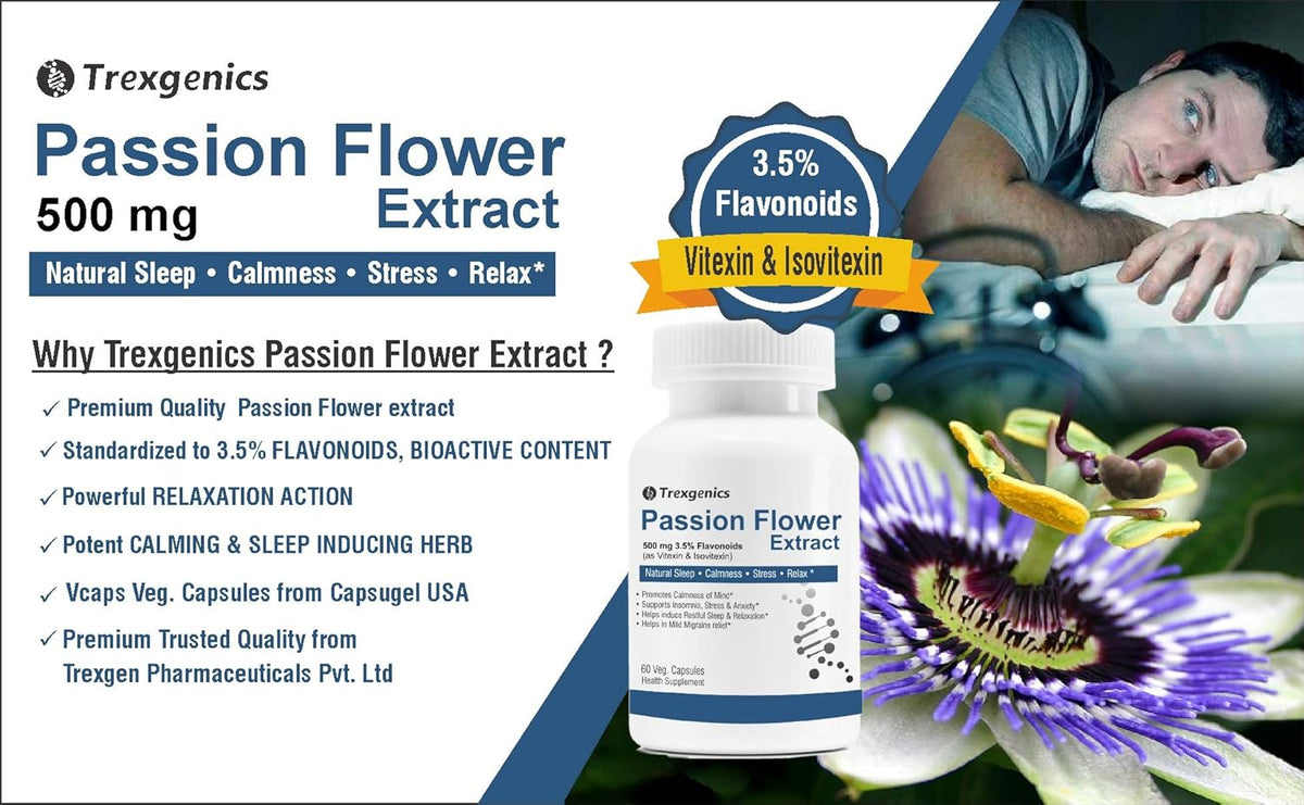 Trexegenics Passion Flower Extract product with a person sleeping and a passion flower in the background.