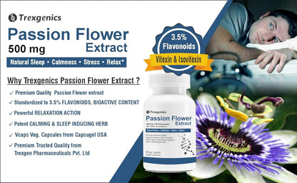 Trexegenics Passion Flower Extract product with a person sleeping and a passion flower in the background.
