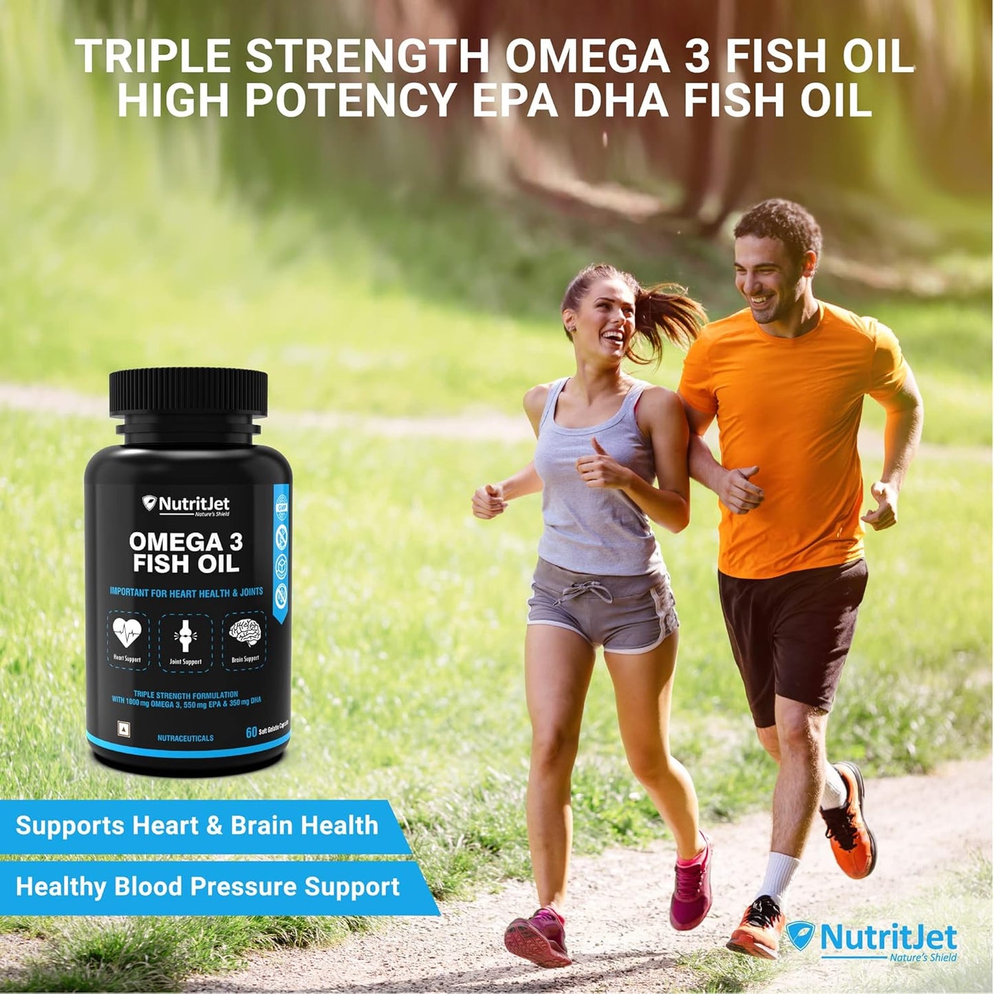 NutritJet Omega 3 Fish Oil 1000mg High Strength with 550 mg EPA and 350 mg DHA for Healthy Heart, Joint Care, Better Skin & Bones Health - 60 Softgels