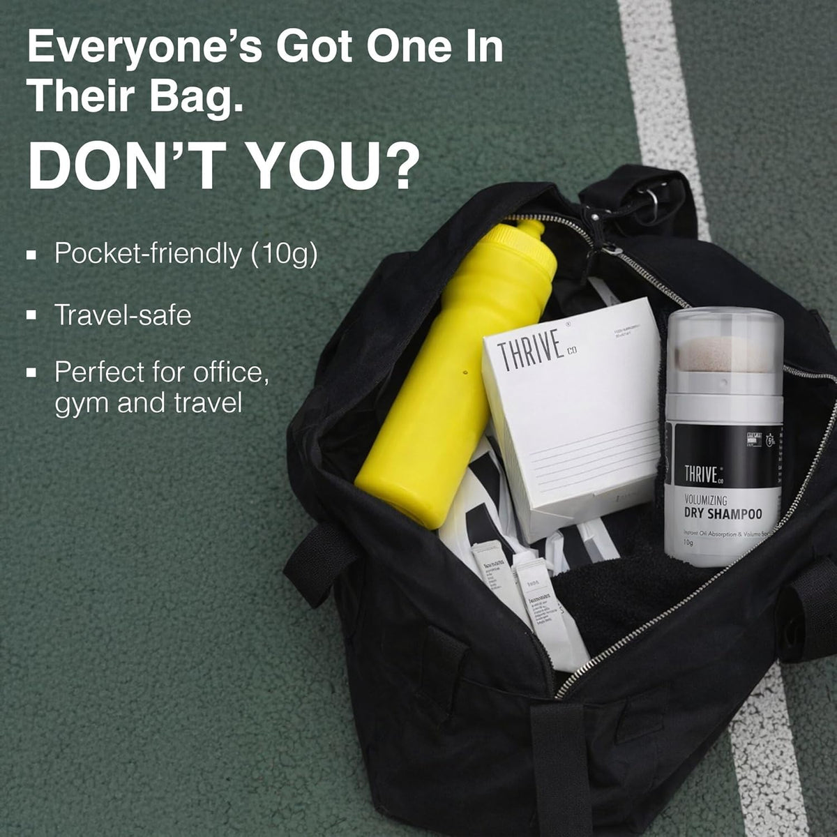 Open black bag with yellow bottle, white container, and notebook on a green surface with promotional text.
