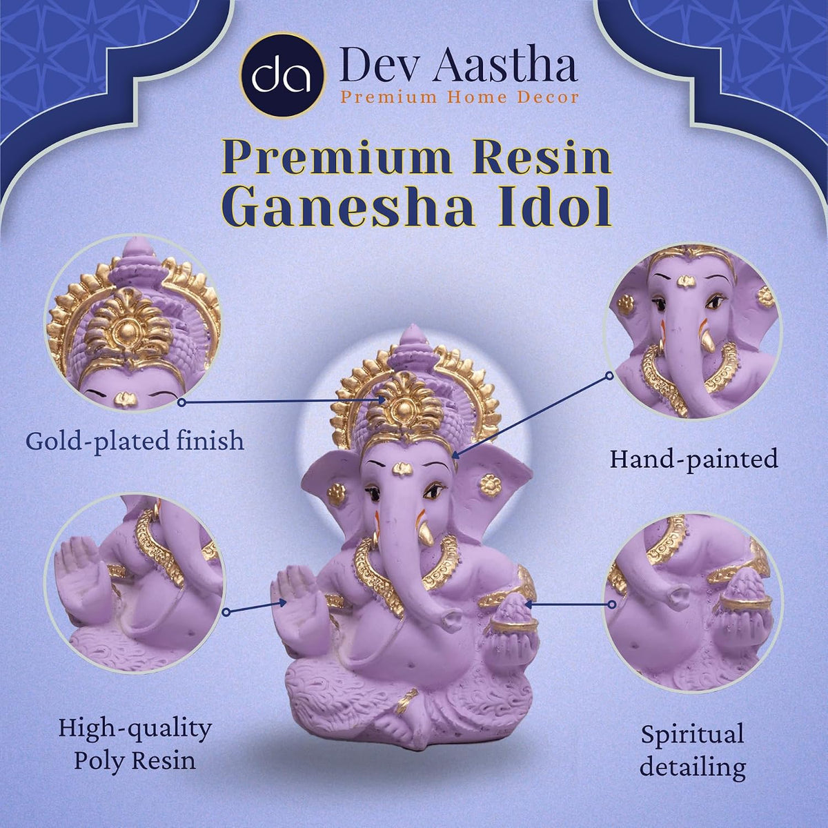 Lord Ganesha Idol for Car Dashboard, Home Decor & Pooja | Resin Gold Plated Ganpati Murti | 3.5 Inch Ganesh Statue for Gift, Diwali, Housewarming, Baby Shower, Mandir Decor, Purple, Pack -1