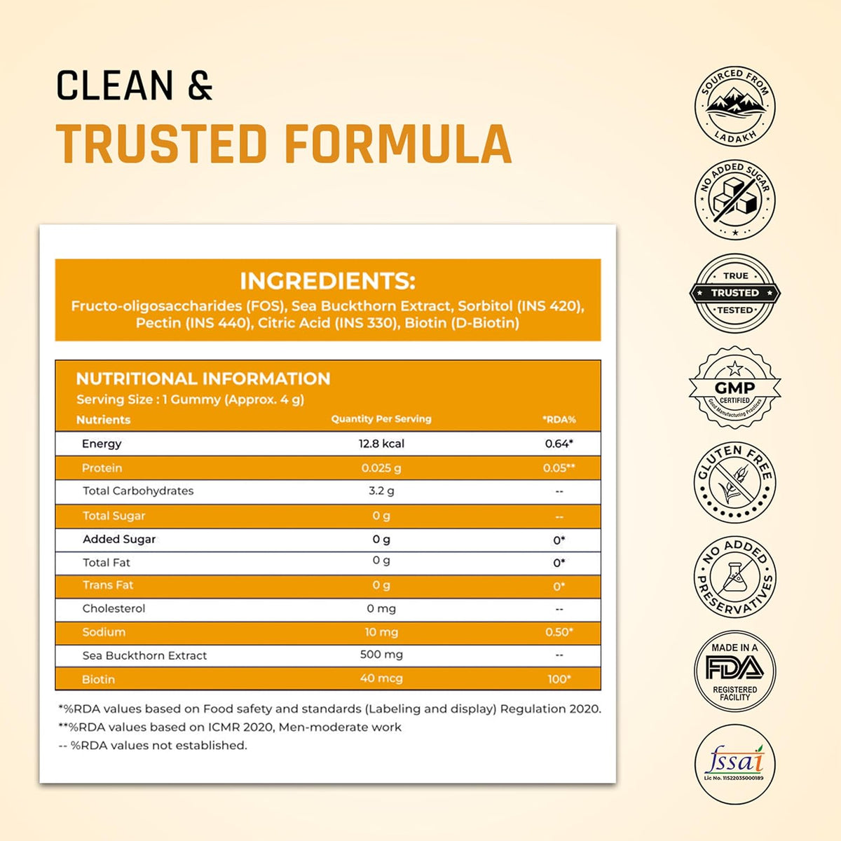 Product label with ingredients and nutritional information on a beige background with certification logos.