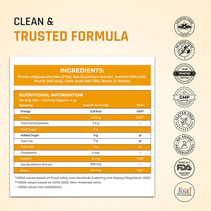 Product label with ingredients and nutritional information on a beige background with certification logos.