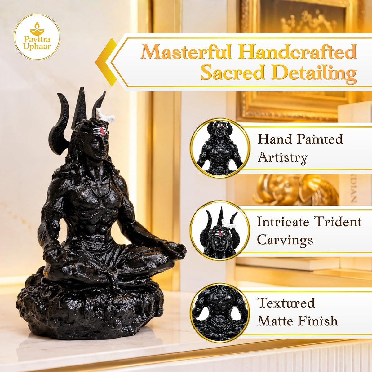 Black Shiva Car Dashboard Idol, 9 cm Mahadev Shiv Ji Resin Statue, Hand-Painted Lord Shiva Idol for Car, Home Mandir, Office & Spiritual Decor