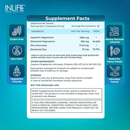 INLIFE Marine Magnesium Supplement 1060mg | Aquamin Mg Naturally Sourced from Red Algae with Zinc Gluconate | Multi-Mineral Complex | Supports Muscle Function, Energy, Metabolism & Daily Wellness | 60 Vegetarian Capsules (60)