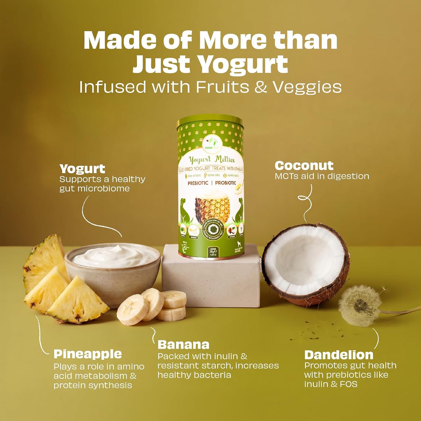 Pawfect Yogurt Melties Freeze-Dried Pre and Probiotic Dog Treats with Pineapple, Coconut, Banana, Dandelion - Gut Health - Low Calories Snacks - Grain-Free - Dog Training Treats (38g/1.34oz)
