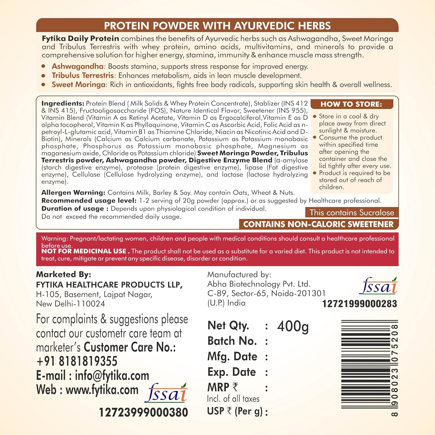 Back label of a protein powder container with text and product details.