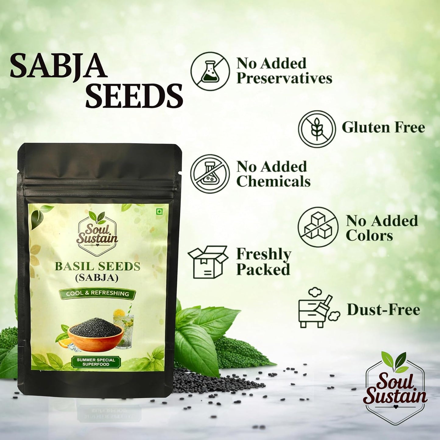 SoulSustain Basil Seeds Sabja Seeds for Drinks Falooda Detox Fiber Rich Tukmaria Seeds for Digestion Cooling Summer Drink Ingredient Natural Sweet Basil Seeds for Soaking Beverages, Basil (Sabja) Seeds)