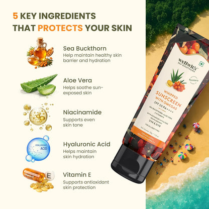 WellWith SPF 50 PA ++++ Whipped Sunscreen with Sea Buckthorn , Aloe Vera , Vitamin E | Broad Spectrum UVA & UVB Protection | Hyper Pigmentation , Lightweight, Hydrating , Non-Greasy | Daily Sunscreen for All Skin Types | 50gm