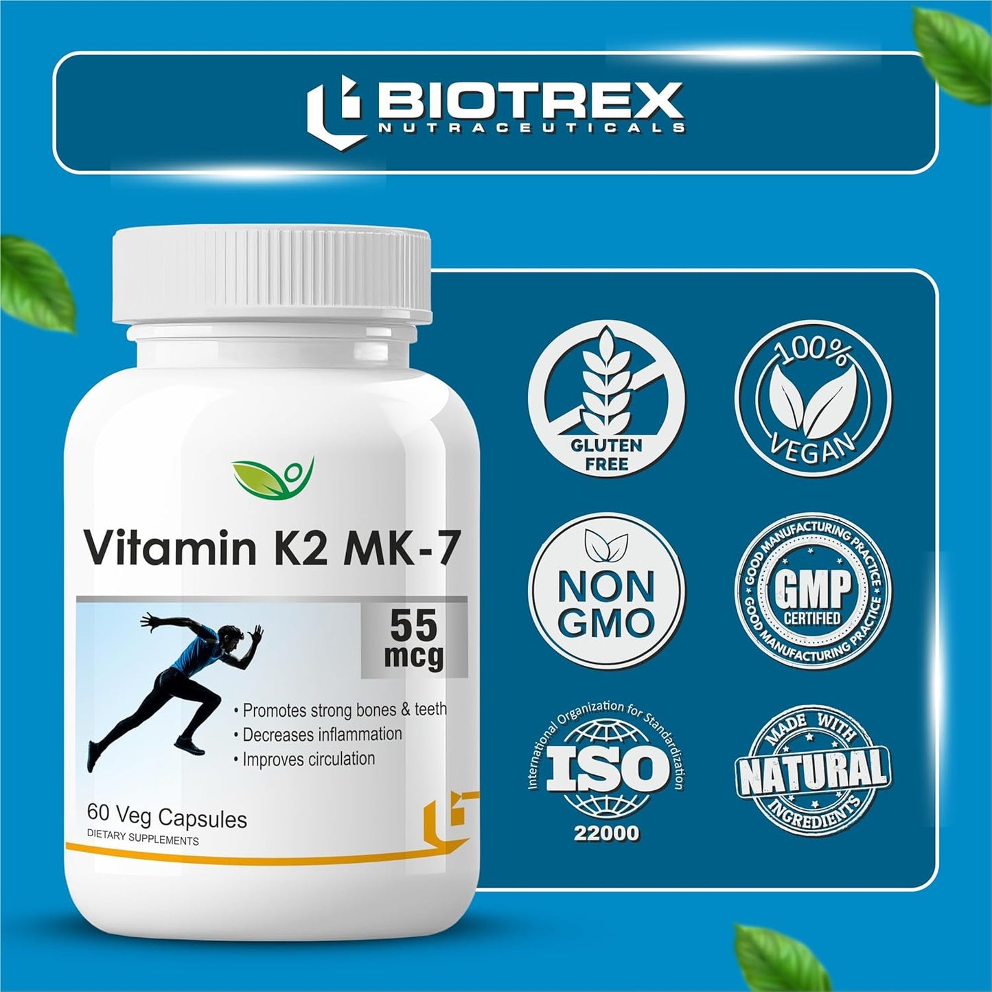 Biotrex Nutraceuticals Vitamin K2 MK-7 (Vegetarian Source) 55mcg | Bioactive Menaquinone-7 | Bone Health & Calcium Metabolism | High Absorption Formula | 60 Veg Capsules