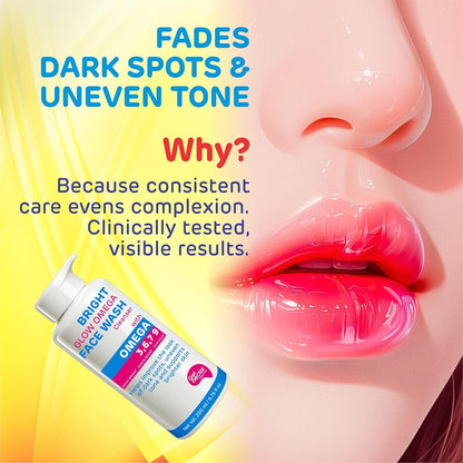 Cosmetic product with text about dark spot fading and clinical testing on a colorful background