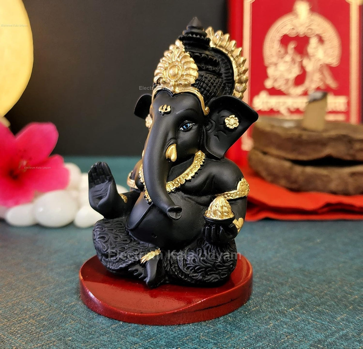 Handcrafted Poly Resin Ganesha Statue with Base - Perfect for Car Dashboard, Office Desk, Shelves, and Home Decor - Ideal Housewarming Gift! (Mukutblackwithbase)