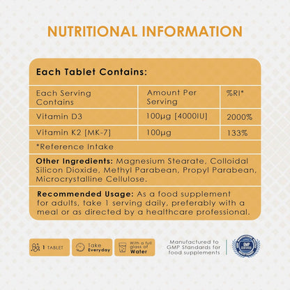 Ambrosial Vitamin D3 & K2 Tablets 4000IU Vitamin D3 + 100µg K2 MK-7 for Healthy Bones, Muscles, and to Support The Immune System - 120 Tablets