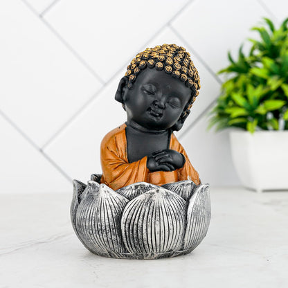 Laughing Buddha Baby Monk Idol Statue Showpiece Home Decor Items for Living Room and Gifts (Brown Black)