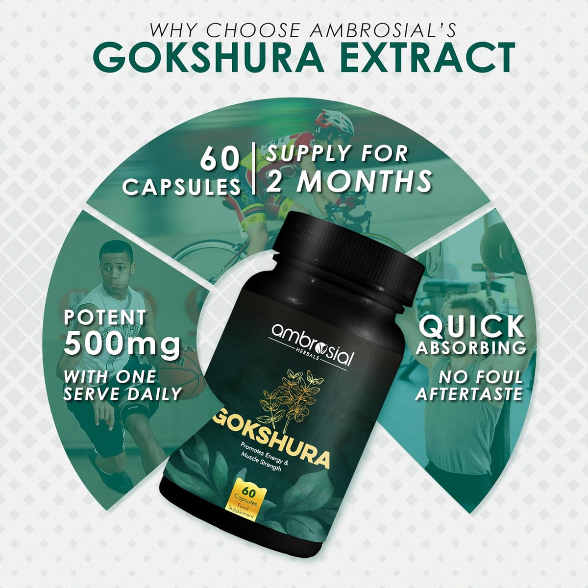 Ambrosial Gokshura Extract supplement bottle with promotional text on a green and white background
